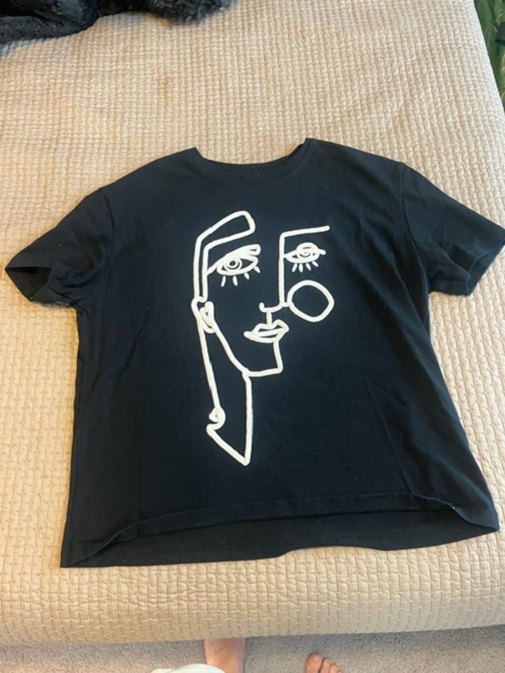 Zara Black Tee with White embroidered Picasso-ish Abstract Face Graphic-Small